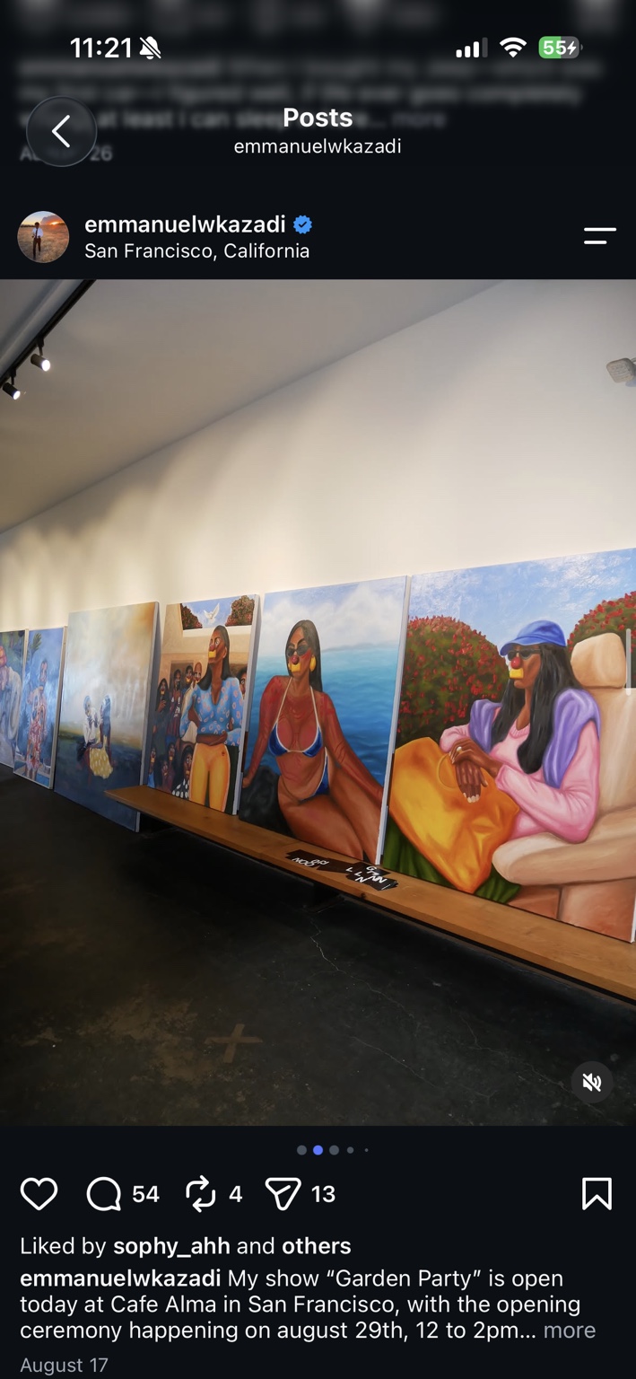 Emmanuel Kazadi paintings displayed together in a gallery