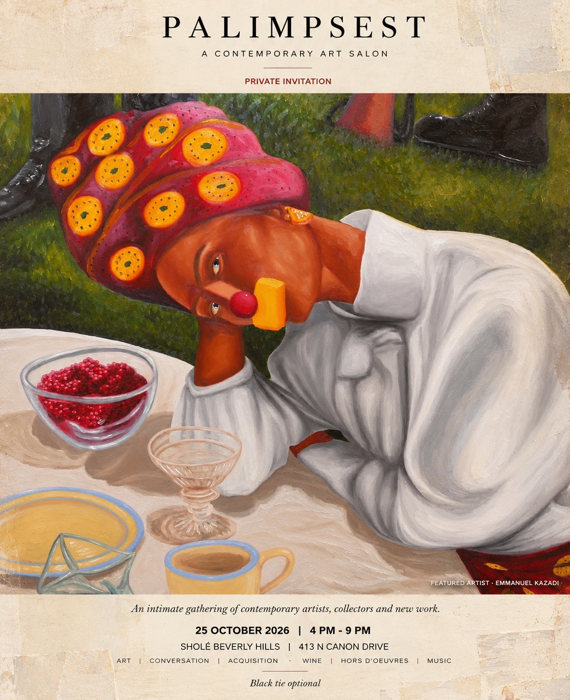 Featured artwork by Emmanuel Kazadi: a reclining figure in a pink headdress beside a table set with fruit and glassware