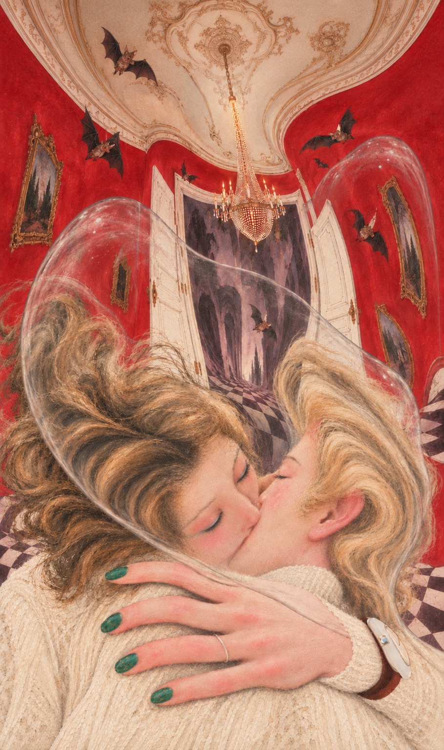Mboni Lux artwork showing an embrace within a red interior with bats, a chandelier and a receding doorway