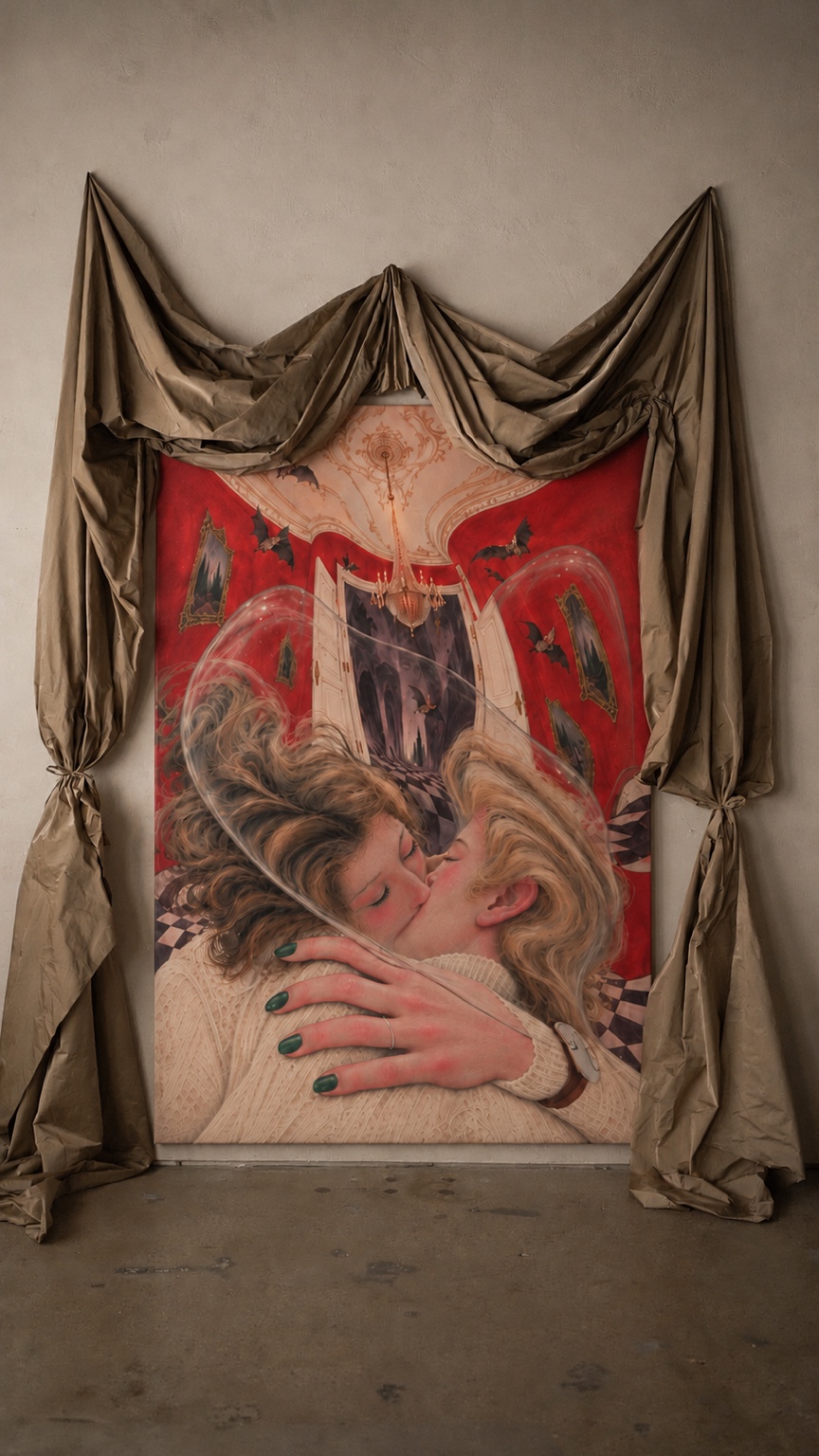 A visualization of the same Mboni Lux artwork surrounded by cascading brown drapery