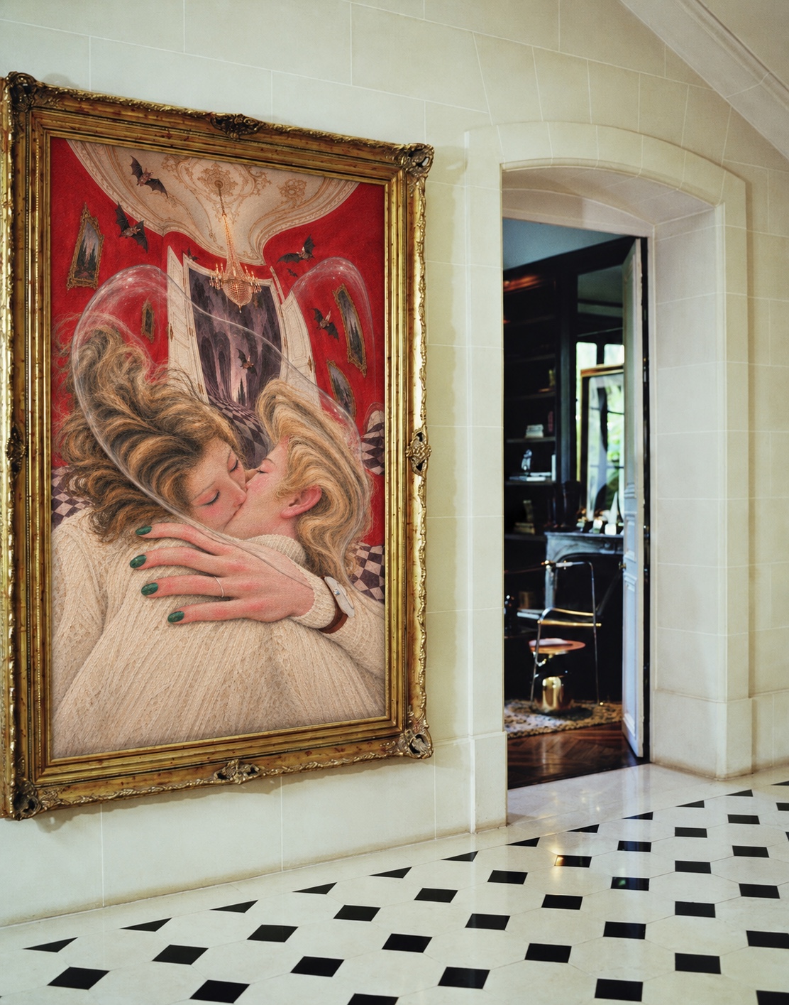 A visualization of Mboni Lux’s artwork in a gold frame beside an arched doorway